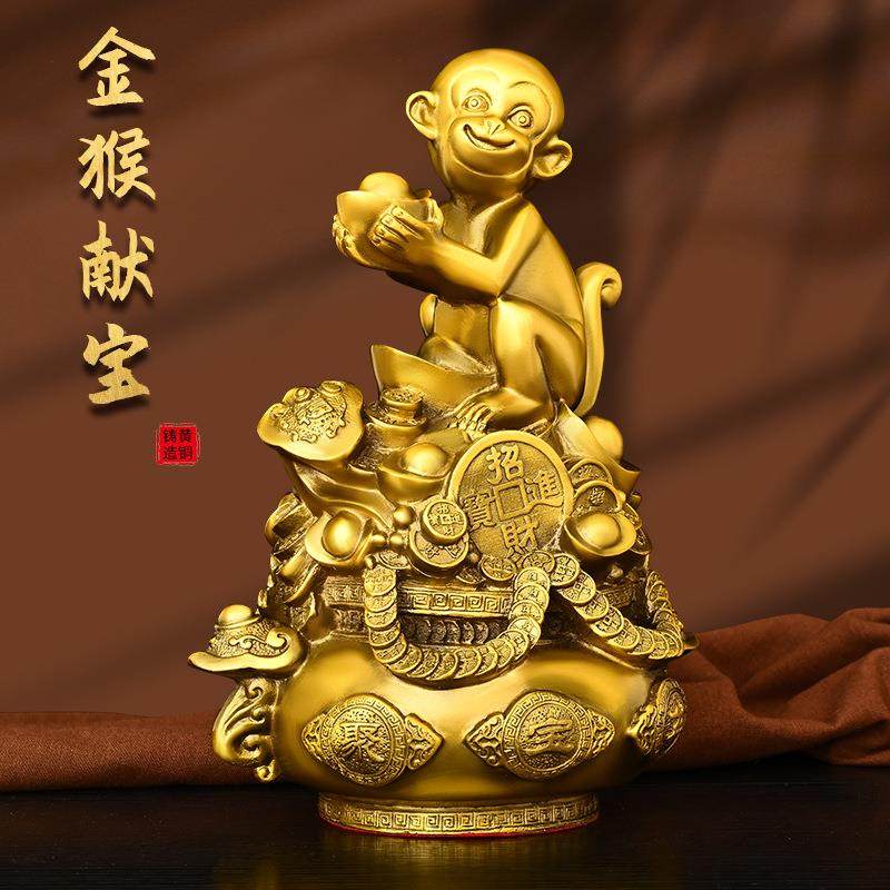 金猴献宝铜猴子摆件纯铜聚宝盆福袋猴客厅办公室象上封猴生肖福猴