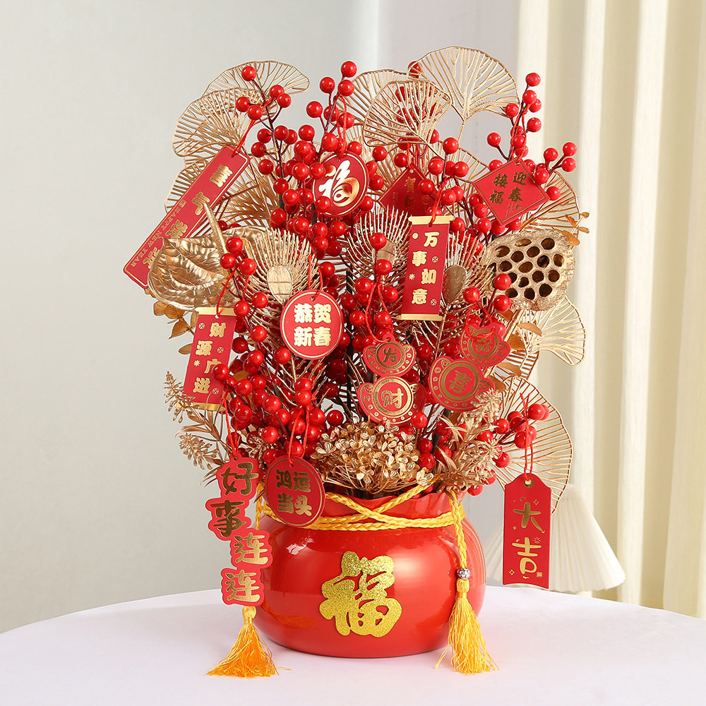 乔迁新年福桶发财果红果插花桶春节装饰品场景布置摆件抱抱桶批发