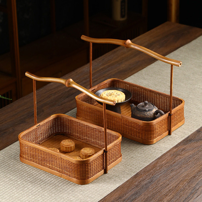 竹制品手工竹编复古茶具收纳筐点心篮干果盘日式家用整理篮手提篮