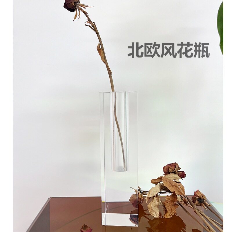 北欧风亚克力透明花瓶 干花水培方柱花器摆件 轻奢玻璃插花器现货