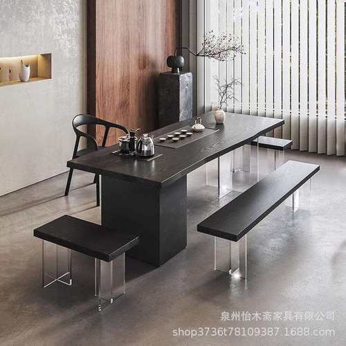 亚克力悬浮实木茶桌椅茶盘简约现代家用办公室洽谈原木实木泡茶桌