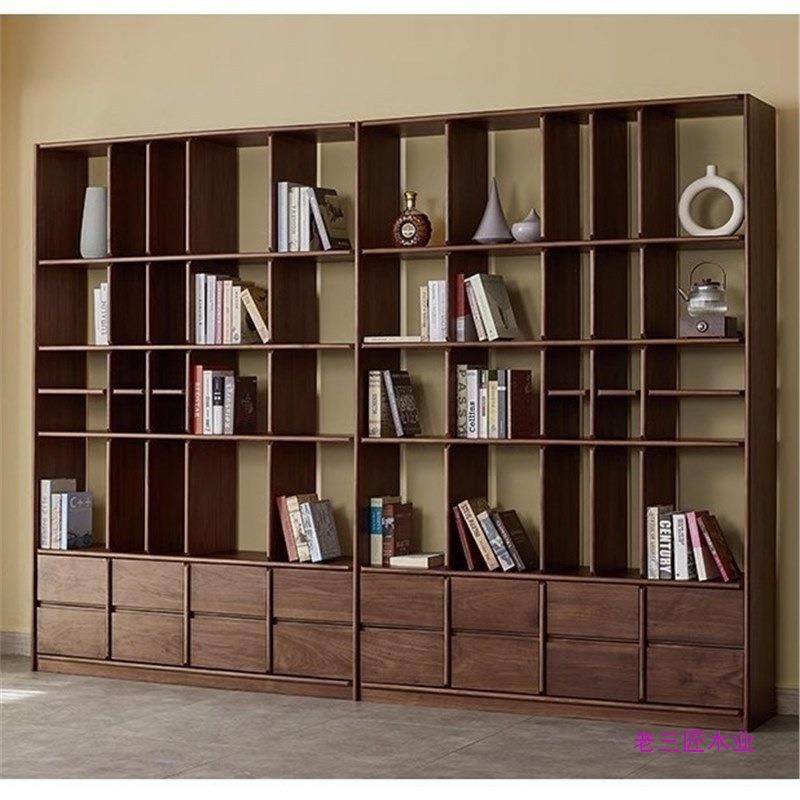 简约北美黑胡桃木落地书架北欧实木整墙书柜樱桃木客厅收纳展示柜