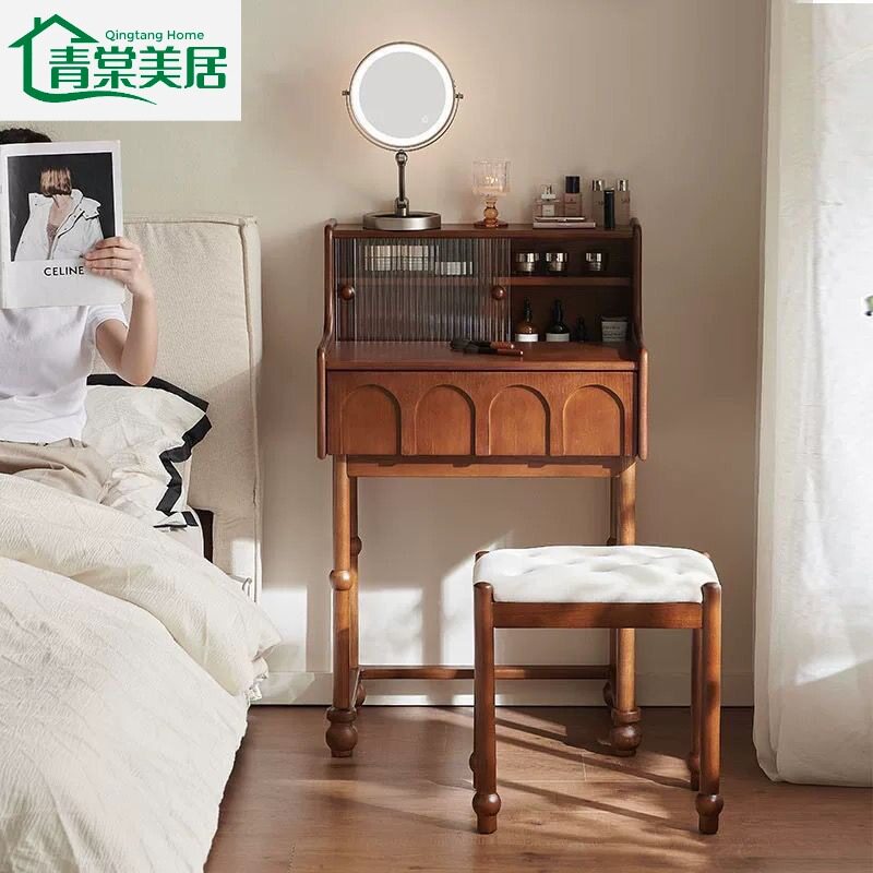 中古实木梳妆台白蜡木纹法式小户型卧室迷你小型化妆台一体化妆桌