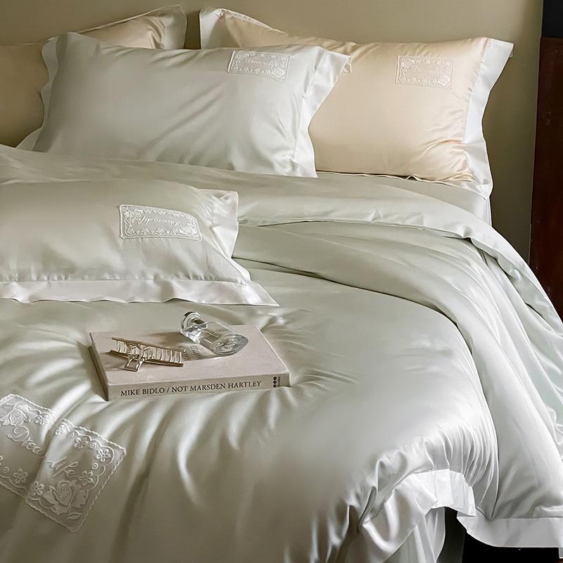 A类60支简约天丝四件套刺绣轻奢压框枕夏季丝滑床上用品