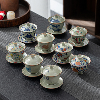 复古汝窑开片大号三才盖碗陶瓷手绘缠枝莲敬茶碗青花釉里红主人杯