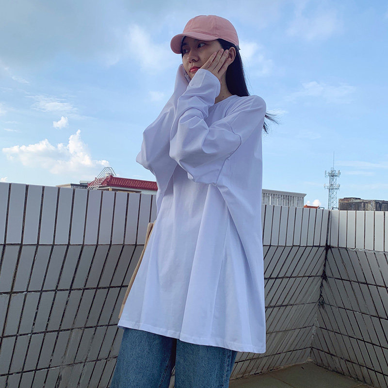 基础打底衫宽松中长款白色内搭长袖t恤女秋冬装春季百搭上衣纯棉