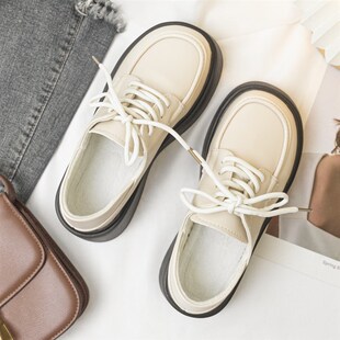白色英伦风小皮鞋女冬季加绒松糕厚底鞋增高百搭学院风系带休闲鞋
