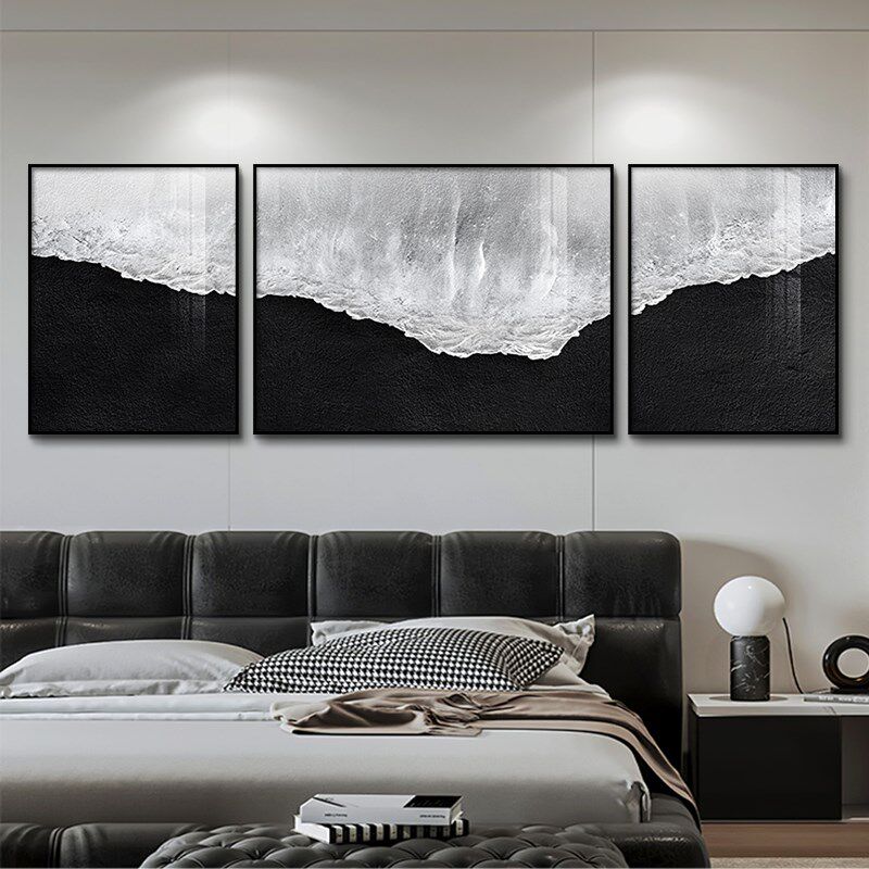 黑色艺术三联客厅装饰画轻奢大气沙发背景墙挂画海景现代简约壁画
