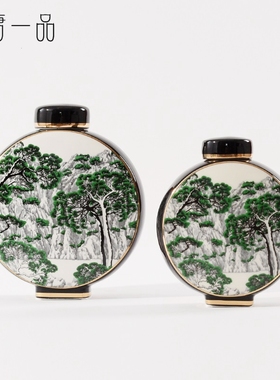 现代简约青山如画纹扁形陶瓷罐摆件中式玄关客厅茶室轻奢软装饰品