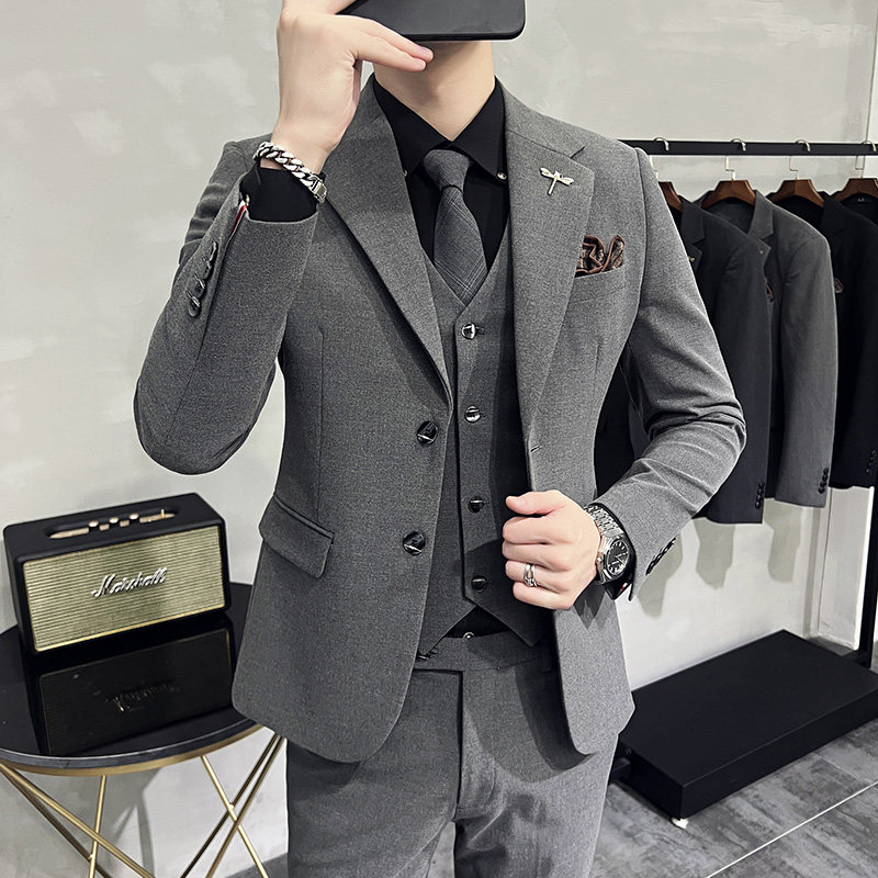 通勤商务大码纯色两粒扣西服套装男宽领高级感韩版修身西装三件套