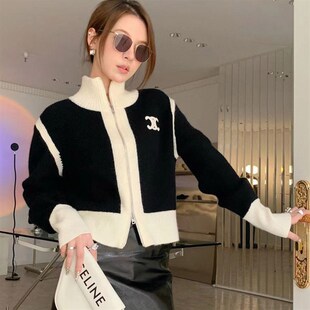 2024新款黑白撞色高级感修身外套毛衣女秋冬短款刺绣针织开衫潮