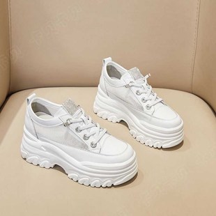 夏隐形内增高9CM 牛皮拼透气网面松糕厚底一脚蹬休闲百搭女小白鞋