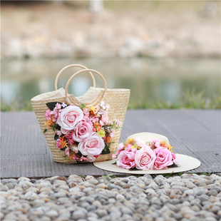 女包夏季 花朵手工度假草编包袋编织包手提包草包海边沙滩遮阳草帽