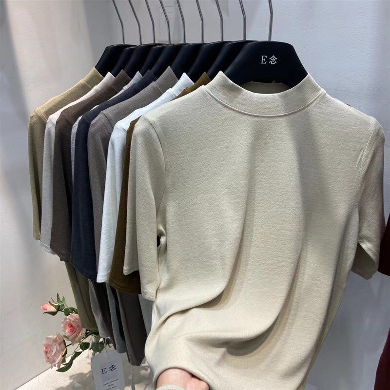 E念901早秋季新款立领中袖羊绒面料五分袖韩版上衣女t恤2023