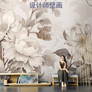 法式电视a背景墙壁纸高级感墙布田园牡丹花卉墙纸客厅沙发壁布壁