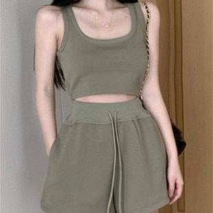 子休闲阔腿短裤 辣妹运动套装 高腰裤 吊n带背心上衣女夏季 两件 短款