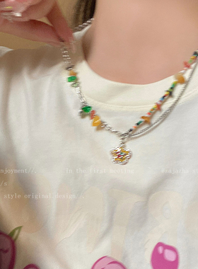 童趣彩色串珠花朵笑脸项链女生夏季网红甜美气质天然石锁骨链配