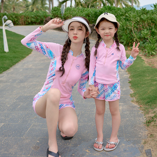 沙滩泳装 新款 亲子泳衣母女分体休闲运动女童女孩洋气保S守家庭装