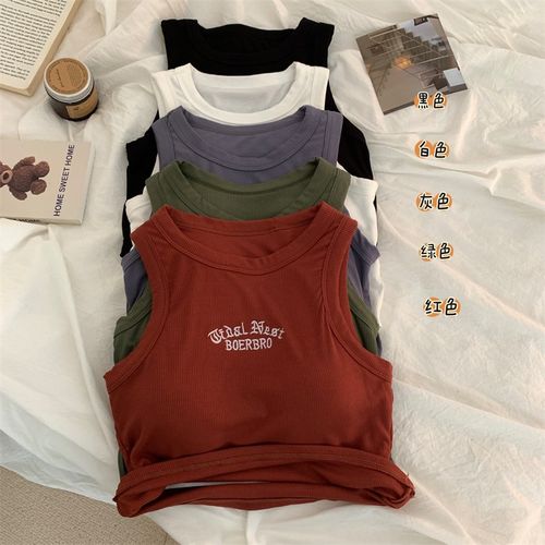 夏季女装批新款发外穿打底复古甜辣显瘦露脐短款T刺绣字母吊带背