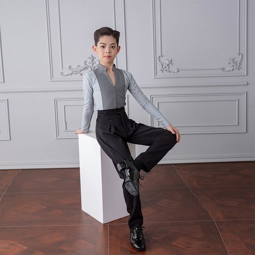 男童拉丁舞服儿童男孩长袖上衣y练功服裤子高级男童专业比赛服黑