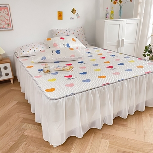 乳胶冰丝凉席床裙款 软席子三件套B可机洗水洗折叠公主风心形空调