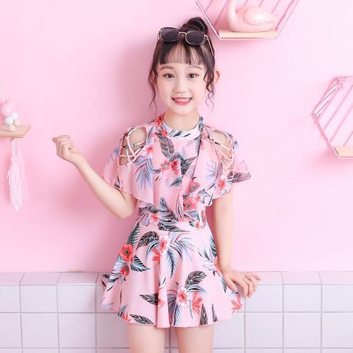 女童可爱连体裙式碎花小中童防晒速干露J肩女孩夏季温泉沙滩游泳