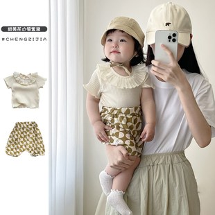 T恤女宝宝大PP短裤 洋气女童花边翻领C短袖 两件套 套装 婴儿衣服夏季