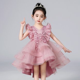 夏季 公主b裙礼服蓬蓬纱拖尾连衣裙前短后长主持人演出服女大童裙