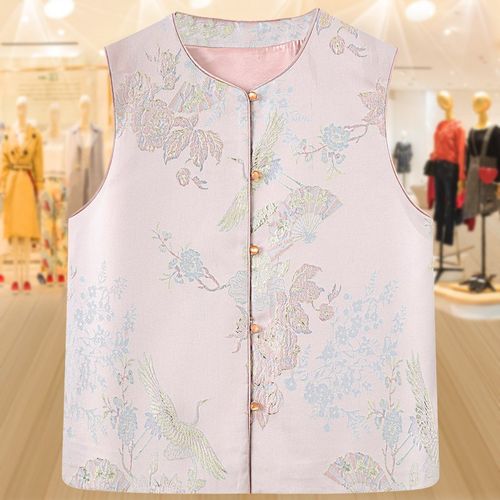 新中式宋锦提花马甲唐装坎肩背心女D国风刺绣醋酸春秋外搭马夹上