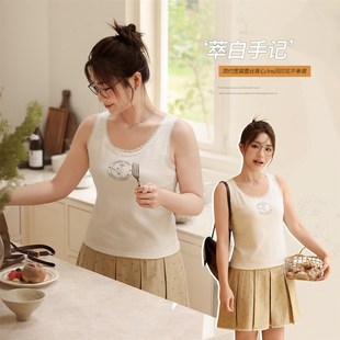 小波家2025夏季 胖mm韩系宽肩蕾丝L拼接撞色印花吊带背心