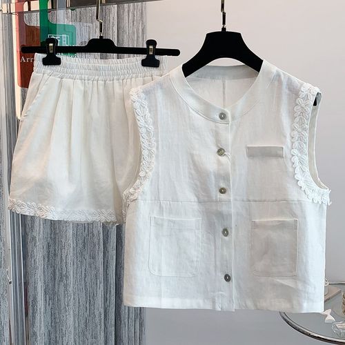 轻熟纯亚麻背h心短裤两件时尚套装女夏装搭配一整套马甲短袖纯色