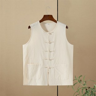 中国风马甲汗衫 老头衫 坎v肩夏季 无袖 圆领亚麻盘扣背 薄款 棉麻唐装