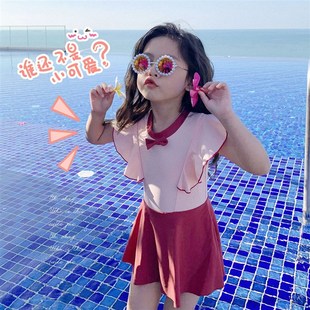 女童泳衣新款 泡温泉沙滩泳 夏保守可爱韩t国公主女孩儿连体荷叶袖