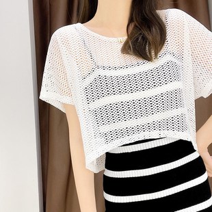 配裙子套头背心网纱镂Z空针织上 蕾丝披肩夏季 吊带裙外搭罩衫 短袖