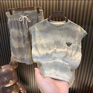 n背心时尚 百搭休闲套装 破洞短裤 2025新款 宽松潮流裤 男士 薄款 夏季