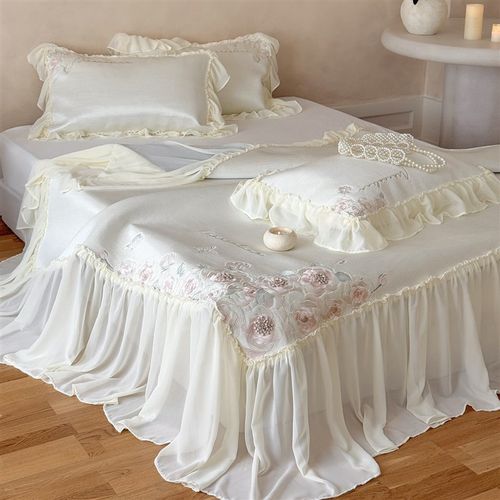 法式夏季床裙款凉感冰丝凉席三件套蕾丝公主风加厚刺W绣空调软席