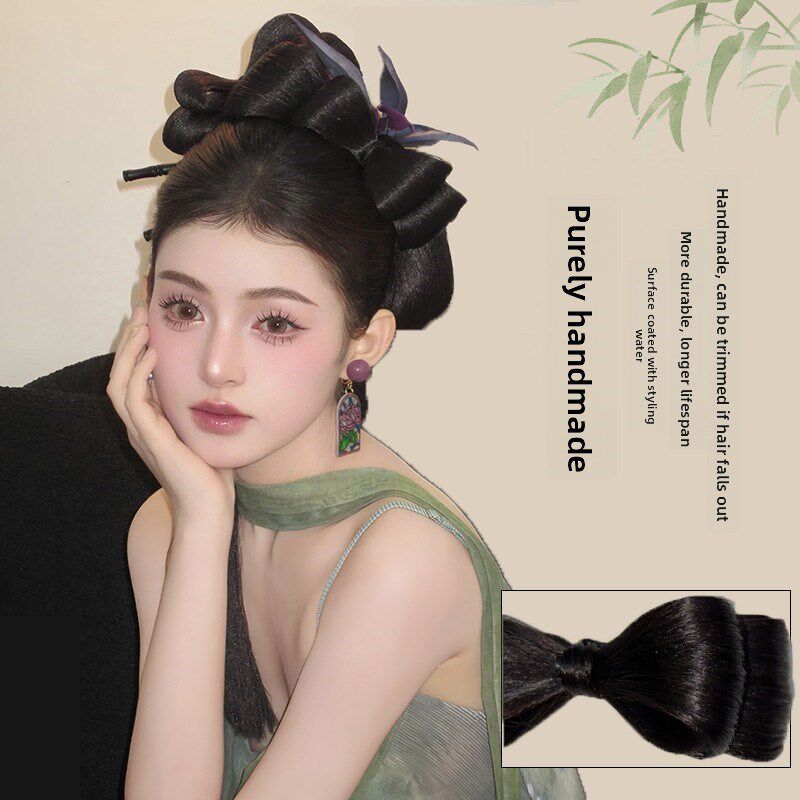 汉代假双层蝴蝶结发包绣河新娘发型,顶后带发网,中国风垫发包
