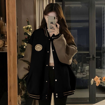 跨境慵懒风棒球服外套女秋冬加绒加厚复古宽松休闲开衫卫衣ins潮