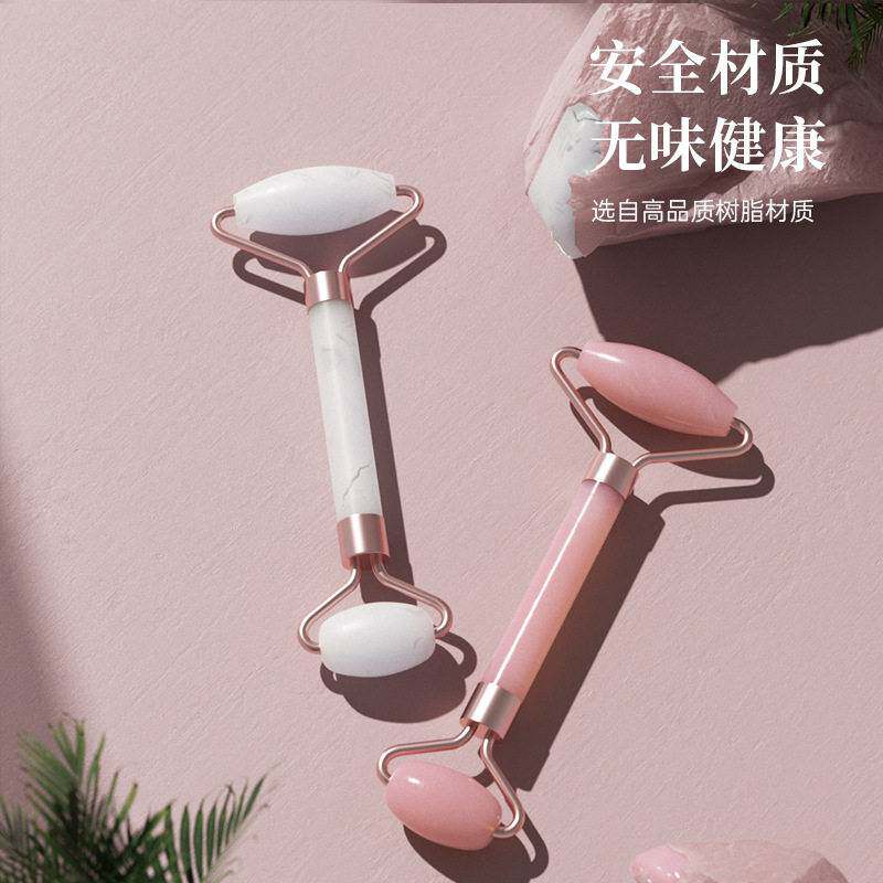 脸部滚轮按摩器非粉晶玉石树脂手动玉推面双头滚珠按摩棒美容套装