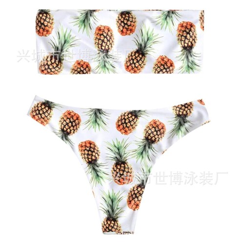 厂家直销欧美速卖通抹胸式比基尼菠萝泳装分体泳衣女高弹性欧美风