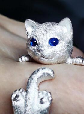 热销原创纯手工萌猫咪开口戒指 眼睛镶嵌蓝锆石猫咪戒指