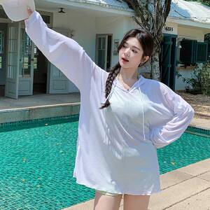 泳装纯色吊带泳衣带帽长袖防晒外套聚拢游泳衣女分体式比基尼