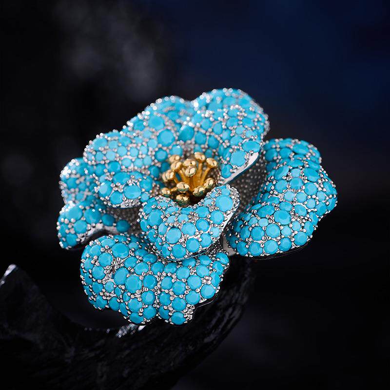 新款微镶蓝松石立体牡丹花胸针优雅奢华高档西装大衣配饰晚宴胸花
