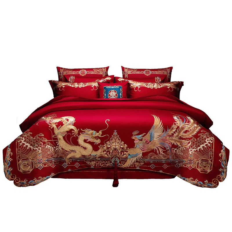 婚庆龙凤绣花全棉结婚四件套新中E式奢华陪嫁红色喜被床上用品,床上用品,婚庆床品套件,淘宝优惠券,粉丝福利购,淘宝优惠卷