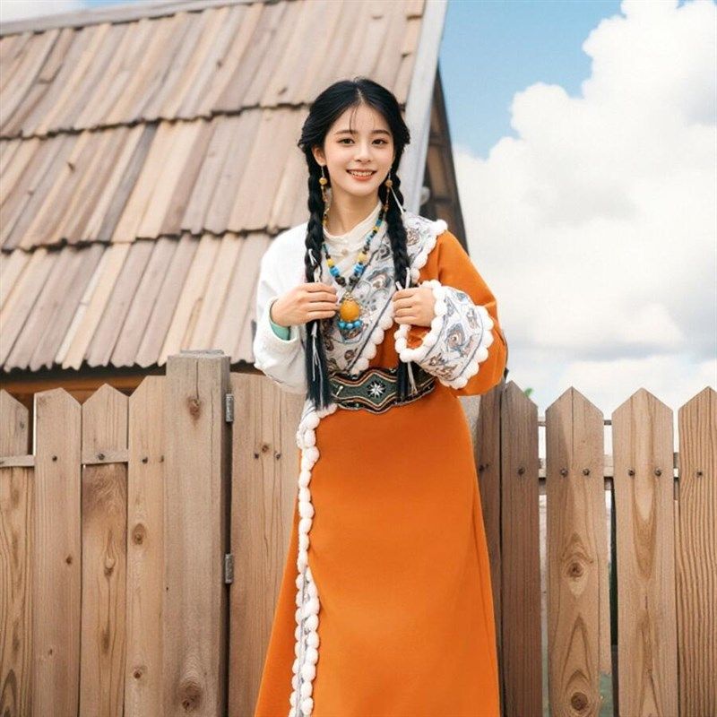 女加绒新款民族风少数藏袍网红z款拉萨藏族脏橘套装云南旅拍摄影