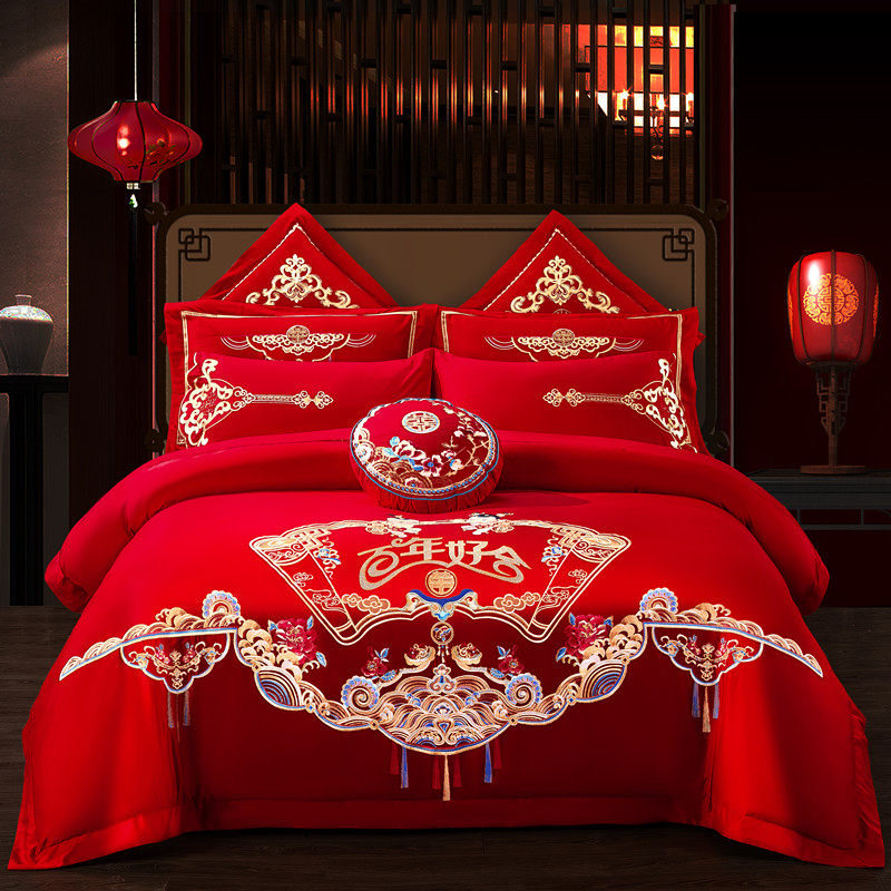 新婚庆四件套f大红全棉刺绣结婚房床上用品六十件套喜婚被龙凤床,床上用品,婚庆床品套件,淘宝优惠券,粉丝福利购,淘宝优惠卷