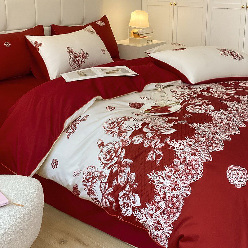 中式简约结婚四件套大红t色新婚床单被套婚庆床上用品婚房陪嫁,床上用品,婚庆床品套件,淘宝优惠券,粉丝福利购,淘宝优惠卷