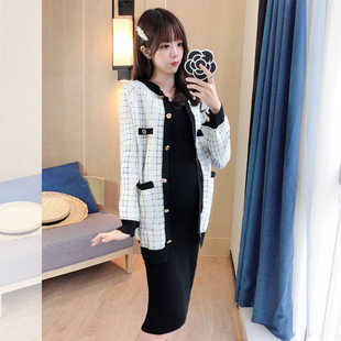 孕妇装秋冬款毛衣中长款网红针织开衫外套两件套打底内搭连衣裙冬