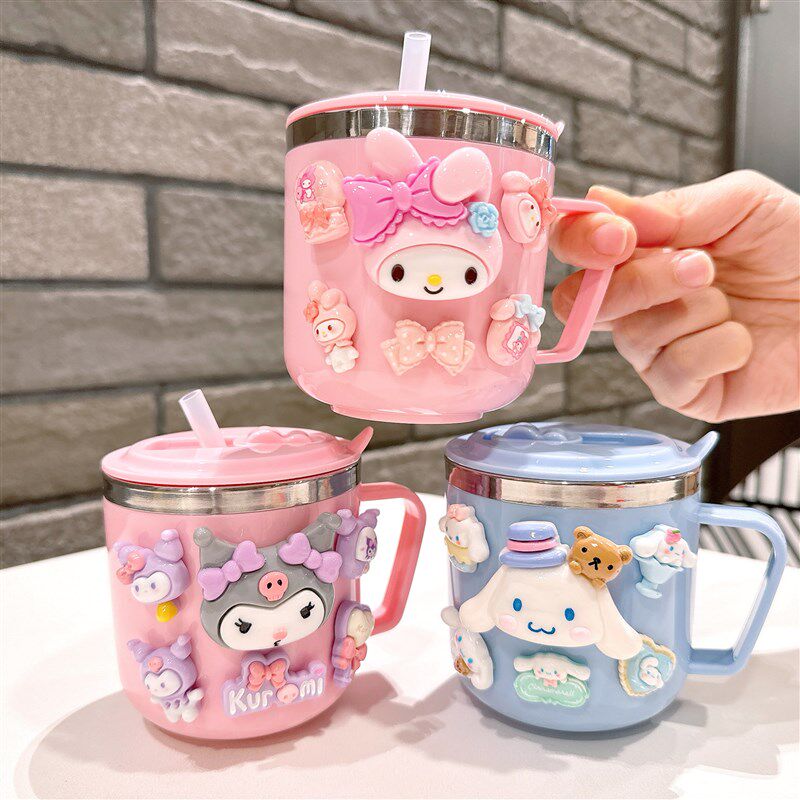 儿童牛奶杯家用幼儿园宝宝小孩x子喝水杯子304不锈钢带盖卡通口杯