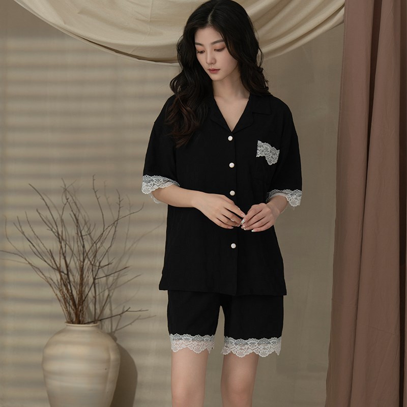 睡衣女夏季纯棉短袖蕾丝花边开衫翻领夏天奢华家居服外穿两件套装